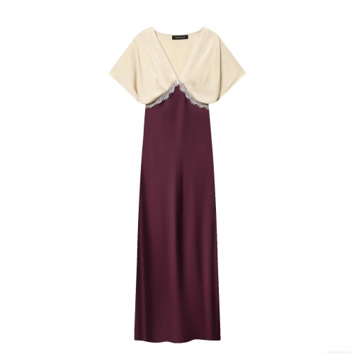 Women's Elegant Satin Silk Polyester Maxi Dress Lace Patchwork V-Neck Short Sleeve Color Block Burgundy Beige Midi Dress For Party Casual Lady Clothing