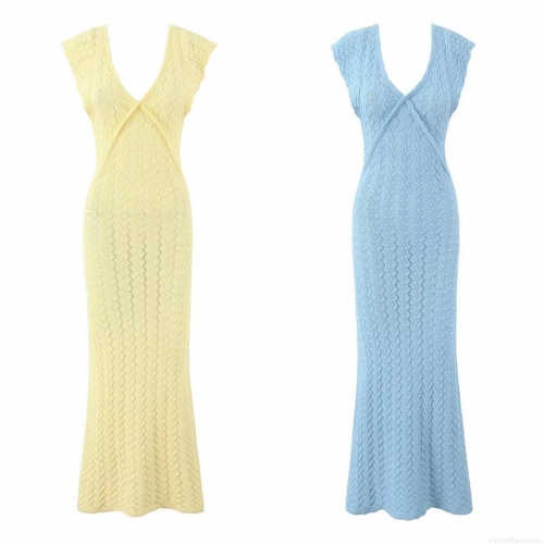 Women Sexy Deep V-Neck Sleeveless Knit Cutout Bodycon Maxi Dress Retro Solid Color Ruffle Backless Slim Fit Polyester Long Dress For Summer Beach Party