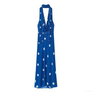 Women's Polka Dot Halter Backless Maxi Dress Summer Casual Vacation Sleeveless Cowl Neck Draped Chiffon Polyester Long Dress