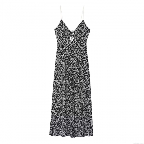 Women Sexy V Neck Floral Maxi Dress Backless Lace Up Spaghetti Strap Summer Boho A-Line Long Dress For Vacation Party Casual Beachwear