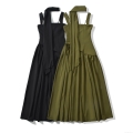 Women Summer Polyester Pleated Camisole Maxi Dress With Neck Tie Slim Fit Side Slit Long Slip Dress For Casual Party Date Streetwear