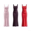 Women Satin Square Neck Sleeveless Side Ruching Maxi Fishtail Dress Sexy Backless Lace-up Party Evening Long Dress Summer Solid Color Slim Fit Fashion Gown