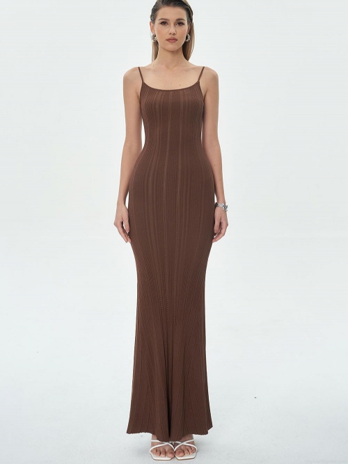 Women Spaghetti Strap Ribbed Knit Mermaid Maxi Dress Slim Fit Solid Color Summer Party Evening Long Dress Polyester Fabric