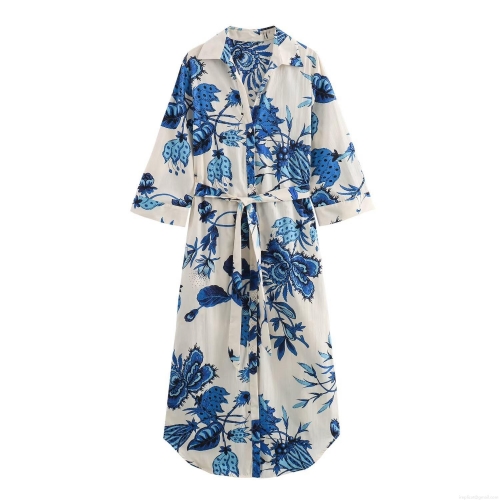 Women's Blue And White Floral Print Shirt Dress Long Sleeve Lapel Single Breasted Maxi Dress With Belt Elegant Summer Vacation Streetwear Polyester Chic Casual Gown
