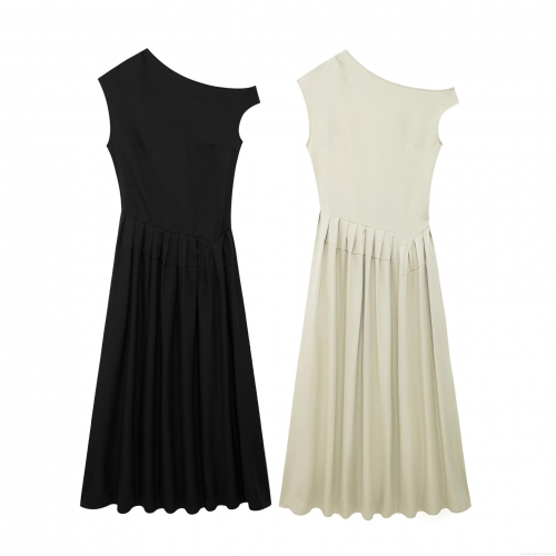 Women's Elegant One Shoulder Pleated Maxi Dress Sexy Sleeveless Asymmetric High Waist Solid Color Long Dress For Summer Party Evening Banquet