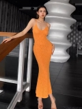 Women's Sexy V Neck Crochet Knitted Maxi Dress Hollow Out Spaghetti Strap Bodycon Fish Tail Summer Beach Vacation Long Dress