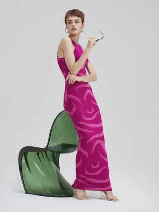 Women Sleeveless Knitted Maxi Dress Abstract Swirl Jacquard Slim Fit Round Neck Summer Streetwear Sexy Party Dress Knitted Polyester Elastic Clothing