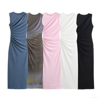Women's Sleeveless Round Neck Slim Fit Maxi Dress Minimalist Polyester Knit Side Ruching Bodycon Long Dress For Summer Casual Beach Party