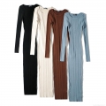 Women's Elegant Slim Fit Rib-Knit Maxi Dress Round Neck Long Sleeve Rayon Nylon Blend Autumn Winter Bodycon Sweater Dress Solid Color