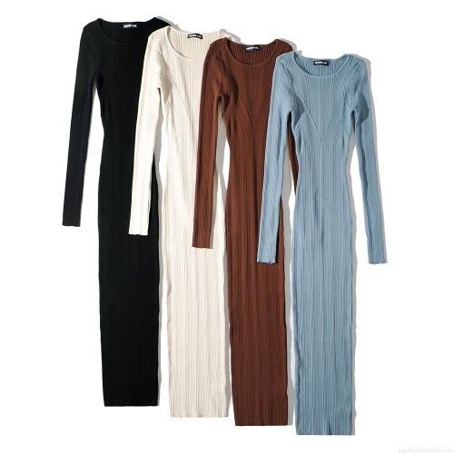 Women's Elegant Slim Fit Rib-Knit Maxi Dress Round Neck Long Sleeve Rayon Nylon Blend Autumn Winter Bodycon Sweater Dress Solid Color