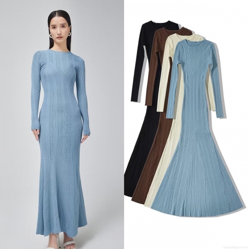 Women's Elegant Ribbed Knit Fishtail Maxi Dress Long Sleeve Round Neck Slim Fit Geometric Texture Rayon Nylon Blend Autumn Long Sweater Dress For Ladies