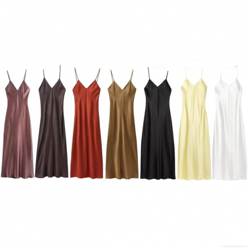 Women's Sexy V-Neck Satin Slip Dress Elegant Spaghetti Strap Solid Color Slim Fit Maxi Long Dress For Party Clubwear Evening Out