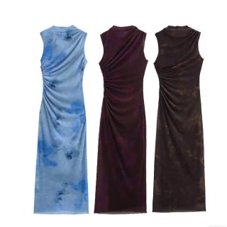 Women's Summer Sleeveless High Neck Maxi Dress Tie Dye Print Mesh Ruched Bodycon Party Long Dress Streetwear Sexy Vacation Outfit