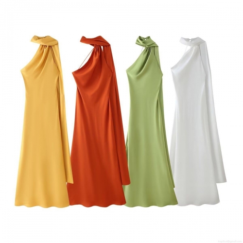 Women's Elegant Halter Neck Satin Maxi Dress Sleeveless Backless Long Evening Party Dress Solid Color Silk Texture Slim Fit Formal Gown For Wedding Prom Cocktail