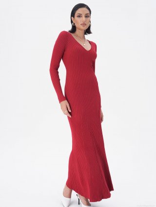 Women's V Neck Knitted Maxi Dress Long Sleeve Ribbed Fish Tail Swing Solid Color Viscose Blend Slim Fit Evening Party Streetwear