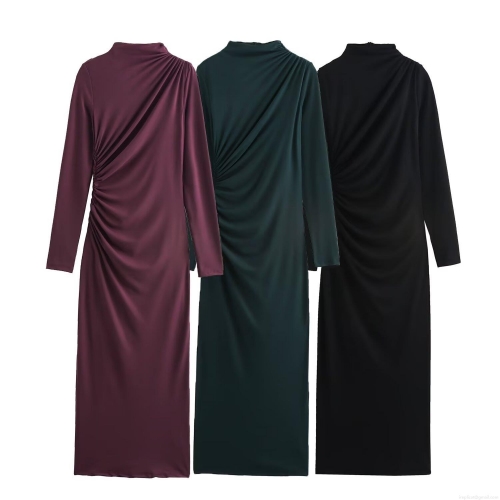 Women's Stand Collar Ruched Maxi Dress Elegant Slim Fit Long Sleeve Bodycon Party Dress Solid Color Autumn Winter Polyester Midi Dress for Women