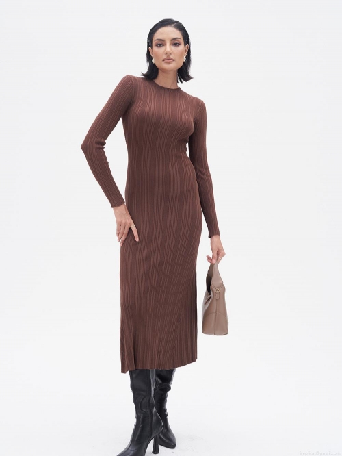 Women's Long Sleeve Ribbed Knit Maxi Dress Slim Fit Rayon Nylon Bodycon Fish Tail Sweater Dress For Daily Streetwear
