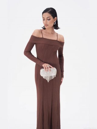 Women's Off-Shoulder Ribbed Knitted Fish Tail Maxi Dress Elegant Rayon Nylon Slim Fit Spaghetti Strap Hollow Out Long Sleeve Dress for Party Evening