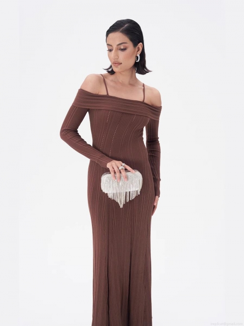 Women's Off-Shoulder Ribbed Knitted Fish Tail Maxi Dress Elegant Rayon Nylon Slim Fit Spaghetti Strap Hollow Out Long Sleeve Dress for Party Evening