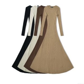 Women's Elegant Knitted Maxi Dress Ribbed Long Sleeve Round Neck A-Line Flare Hem Polyester Rayon Blend Solid Color Minimalist Long Dress for Autumn Winter Daily Casual Party