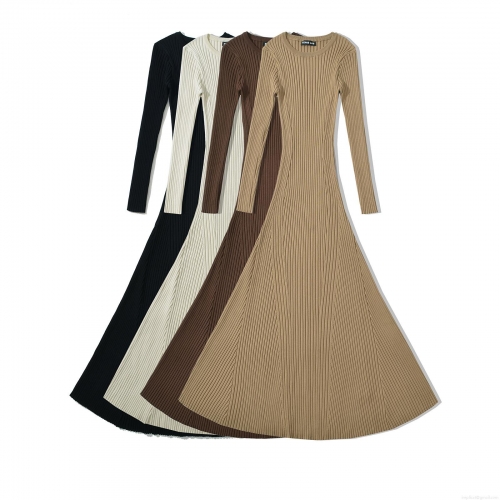 Women's Elegant Knitted Maxi Dress Ribbed Long Sleeve Round Neck A-Line Flare Hem Polyester Rayon Blend Solid Color Minimalist Long Dress for Autumn Winter Daily Casual Party