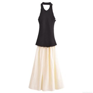 Women's Sexy Halter Neck Backless Patchwork Maxi Dress Elegant Black Tweed Knit Top Off White Spliced Long Dress Streetwear Chic Party Clubwear