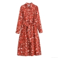 Women Long Sleeve Shirt Dress Abstract Geometric Print Belted Lapel Maxi Dress Casual Streetwear Fashion Polyester Robe With Sash