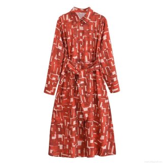 Women Long Sleeve Shirt Dress Abstract Geometric Print Belted Lapel Maxi Dress Casual Streetwear Fashion Polyester Robe With Sash