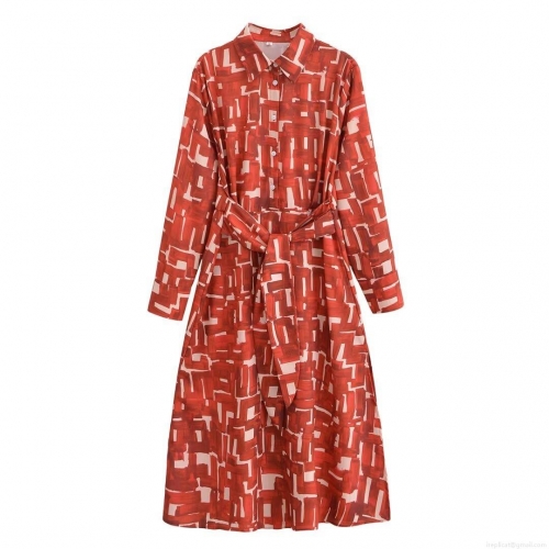 Women Long Sleeve Shirt Dress Abstract Geometric Print Belted Lapel Maxi Dress Casual Streetwear Fashion Polyester Robe With Sash