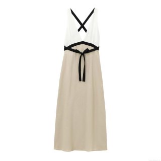 Women's Sexy Backless Patchwork Linen Maxi Dress V Neck Sleeveless Cross Straps Sundress Casual Holiday Party Long Dress