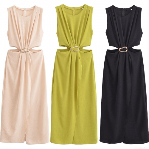 Women's Sexy Round Neck Sleeveless Waist Cut-Out Maxi Dress With Gold Metal Ring Polyester Solid Color A-Line Long Dress For Party Clubwear Vacation