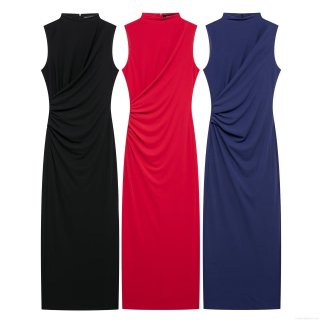 Women's Sleeveless Maxi Dress Elegant Stand Collar Pleated Bodycon Solid Color Street Style Slim Fit Polyester Long Dress for Summer Party Clubwear