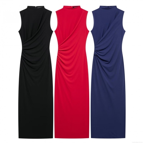 Women's Sleeveless Maxi Dress Elegant Stand Collar Pleated Bodycon Solid Color Street Style Slim Fit Polyester Long Dress for Summer Party Clubwear