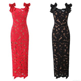 Women Sexy Lace Hollow Out Cami Maxi Dress With Large Bow Ribbon Straps Sleeveless Solid Color Elegant Party Evening Long Dress For Wedding Guest Clubwear