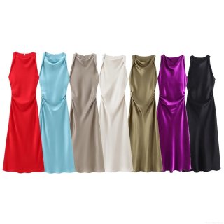 Women Sleeveless Satin Maxi Dress Cowl Neck Ruched Draped Silk Feel Party Evening Formal Dress Minimalist Elegant Summer Long Slip Dress