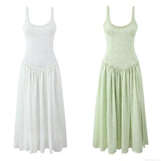 Women Elegant Pearl Decor Spaghetti Strap Maxi Dress Side Slit Backless Jacquard Floral Polyester Slim Fit Long Dress For Party Street Style