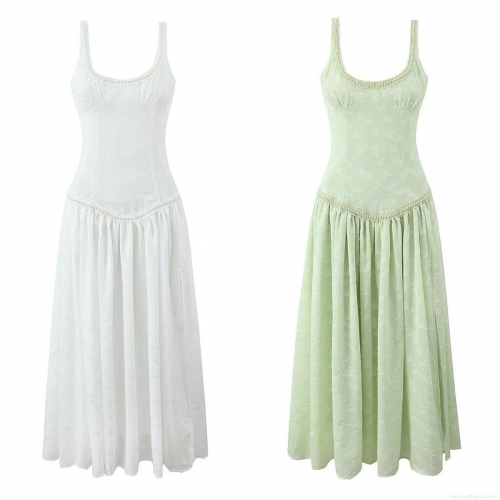 Women Elegant Pearl Decor Spaghetti Strap Maxi Dress Side Slit Backless Jacquard Floral Polyester Slim Fit Long Dress For Party Street Style