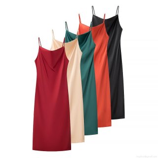 Women Sexy Satin Cowl Neck Cami Maxi Dress Polyester Sleeveless Slit Back Evening Party Streetwear Clubwear Solid Color Long Dress