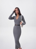 Women's Ribbed Knit Maxi Dress Elegant Lapel V Neck Long Sleeve Bodycon Dress With Belt Casual Slim Fit Solid Color Autumn Winter Evening Dress