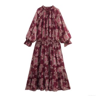 Elegant Women Bohemian Paisley Print Metallic Lurex Maxi Dress Stand Collar Long Sleeve Ruffle Trim A-Line Long Dress For Vacation Party Wine Red