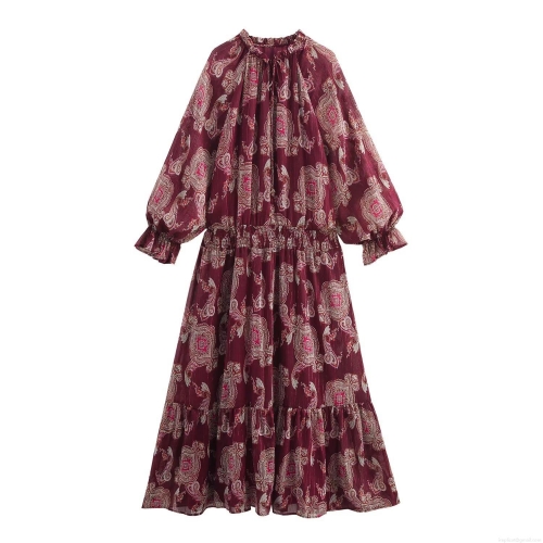 Elegant Women Bohemian Paisley Print Metallic Lurex Maxi Dress Stand Collar Long Sleeve Ruffle Trim A-Line Long Dress For Vacation Party Wine Red