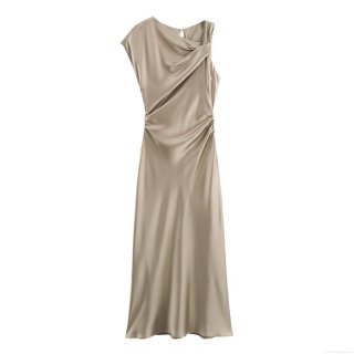 French Style Elegant Halter Neck Satin Pleated Maxi Dress For Women Solid Color Sleeveless Slim Fit Evening Party Club Night Gown