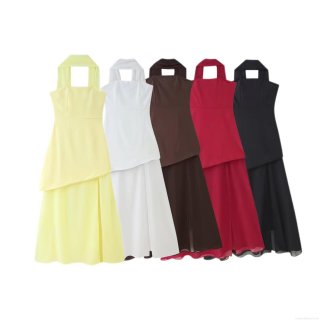 Women's Sexy Halter Maxi Dress Elegant Polyester Mesh Patchwork Backless High Waist Asymmetric Hem Long Dress For Party Club Summer