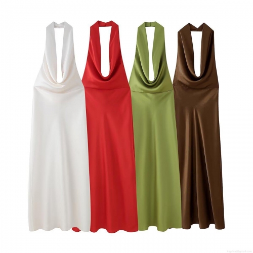 Women's Elegant Halter Cowl Neck Backless Satin Maxi Dress Sleeveless Solid Color 100% Polyester Streetwear Party Club Night Out Long Dress