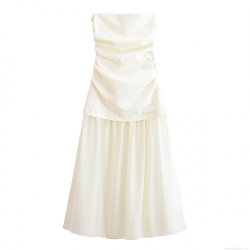 Sexy White Strapless Backless Ruched Mesh Splicing Maxi Dress Elegant Party Evening Banquet Bodycon Long Dress For Women Summer Fashion Clothing