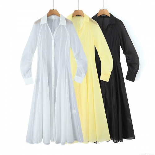 Women's Elegant V-Neck See-Through Texture Fabric Shirt Dress Long Sleeve Solid Color A-Line Maxi Dress for Party Vacation