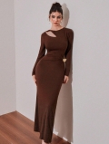 Women French Vintage Hollow Out Long Sleeve Maxi Dress Slim Fit Bodycon Evening Party Long Dress With Gold Flower Brooch 95% Polyester 5% Elastane Knit Dress