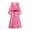 Women Elegant V Neck Floral Maxi Dress With Belt Ruffled Chiffon Lantern Sleeve Long Summer Party Beach Gown