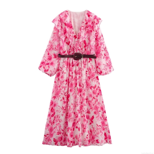 Women Elegant V Neck Floral Maxi Dress With Belt Ruffled Chiffon Lantern Sleeve Long Summer Party Beach Gown