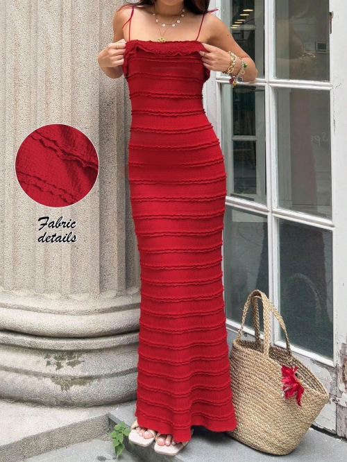 Women's Elegant Red Pleated Camisole Maxi Dress Slim Fit Square Neck Ruffle Lace Bodycon Long Dress For Party Vacation Summer